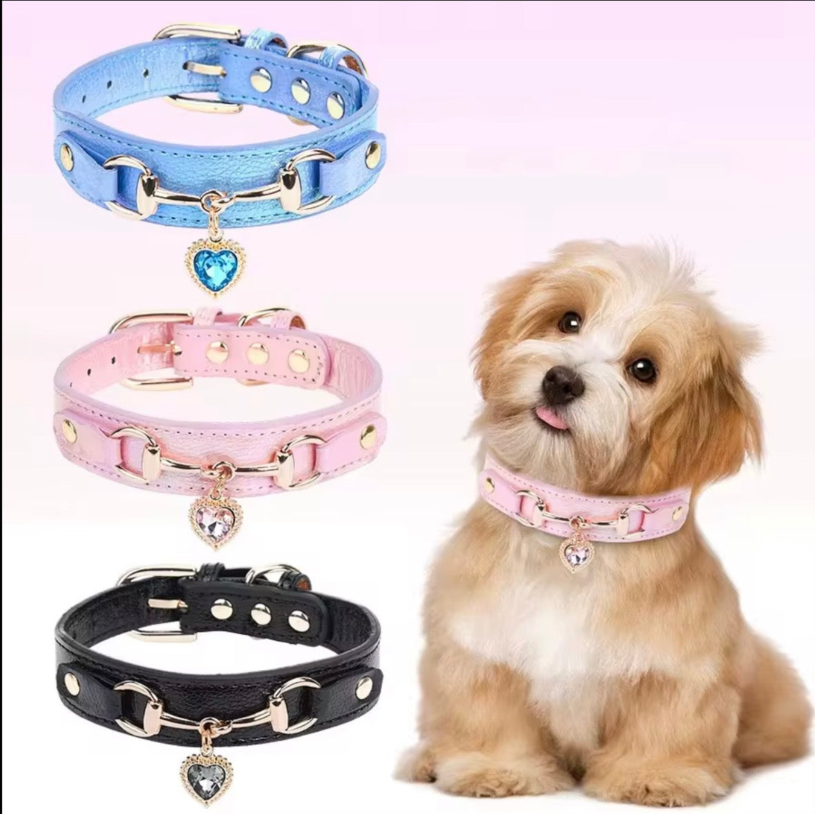 Temu Pu Leather Heart Pendant Pet Collars available in pink, black, and blue