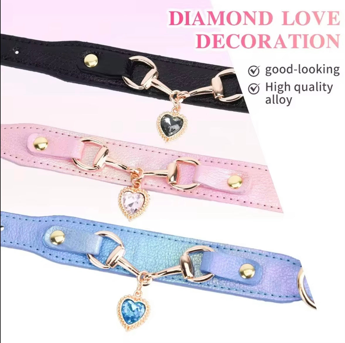 Temu Pu Leather Heart Pendant Pet Collars available in pink, black, and blue