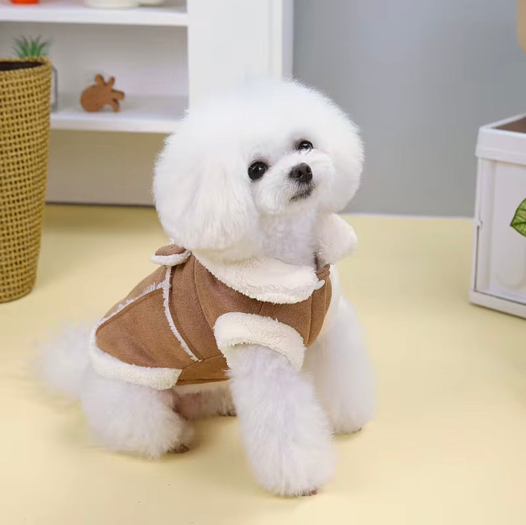 Jecikelon brand beige suede winter coat for small dogs featuring a white fleece lining, turtleneck collar, and decorative bow tie.
