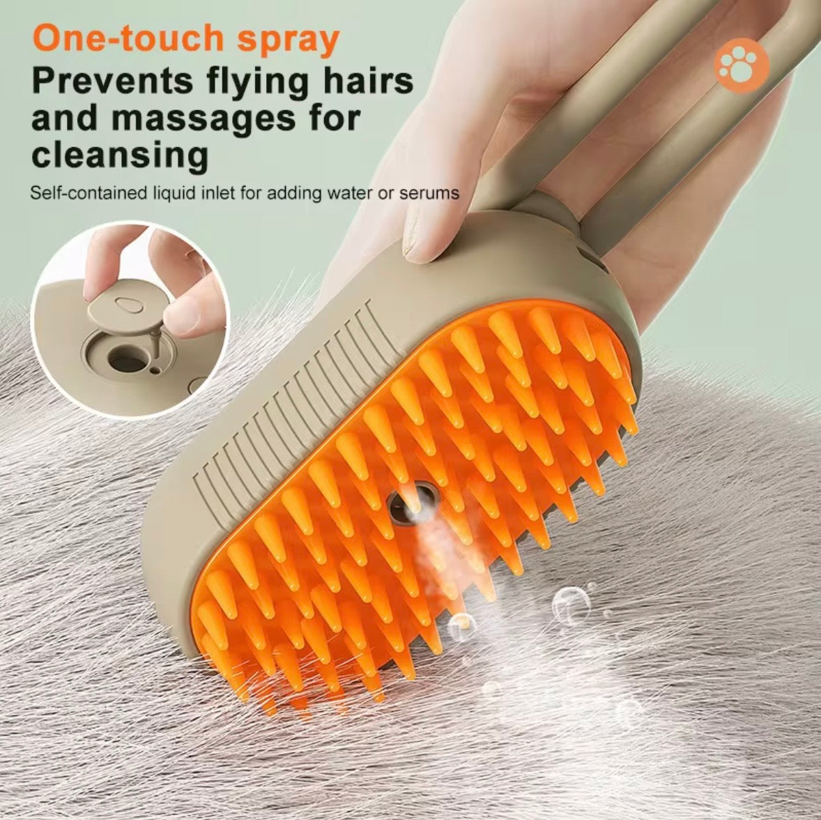 3-in-1 electric steamy pet grooming brush, featuring a rechargeable design with a khaki handle and orange silicone bristles.