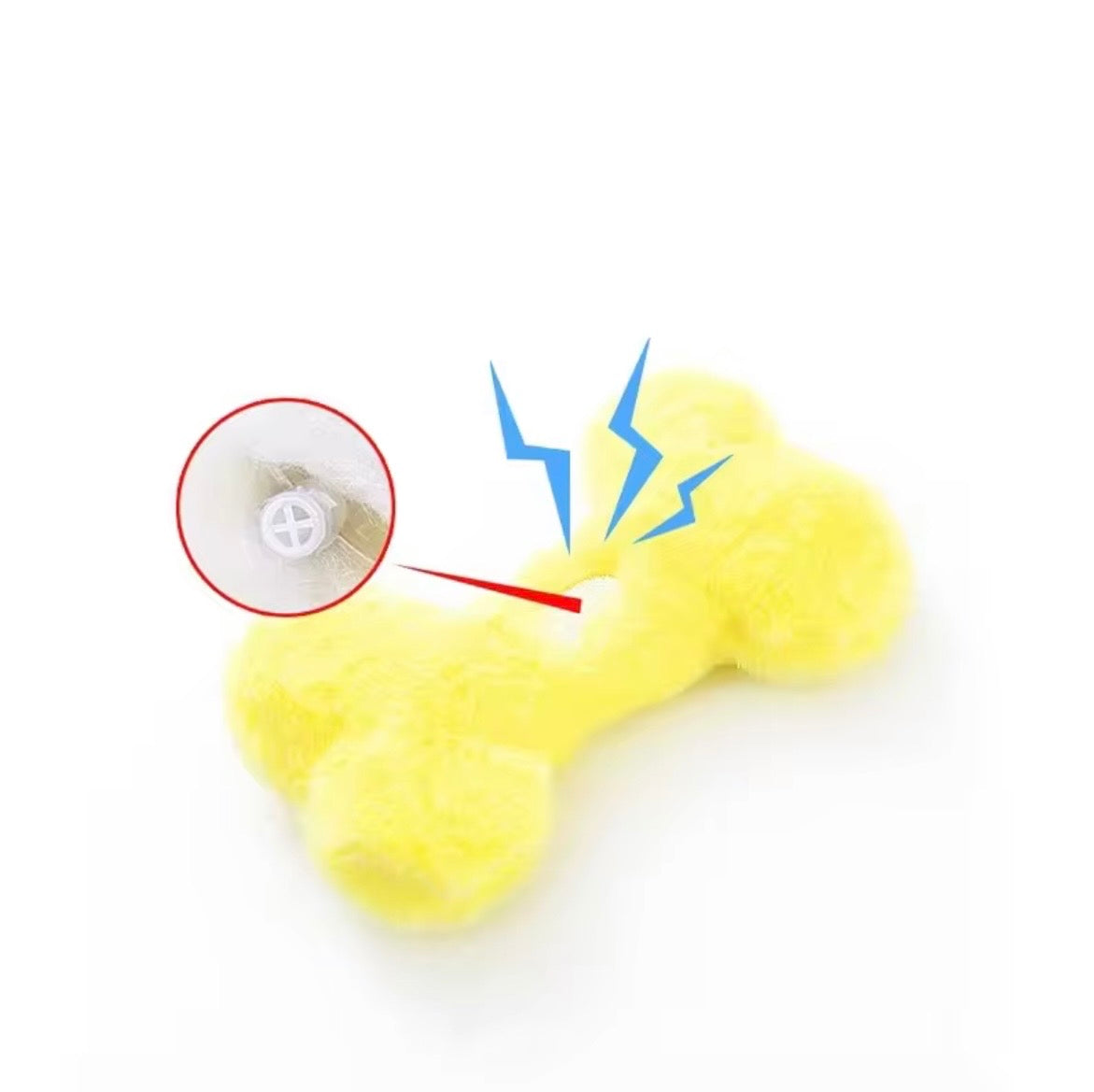 Funny Bone Squeaky Plush Dog Toys available in yellow, blue, and pink