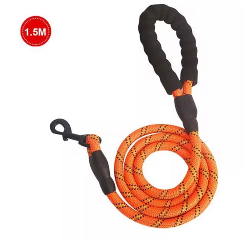 5-foot braided nylon rope dog leash featuring a padded handle and reflective threads for nighttime visibility