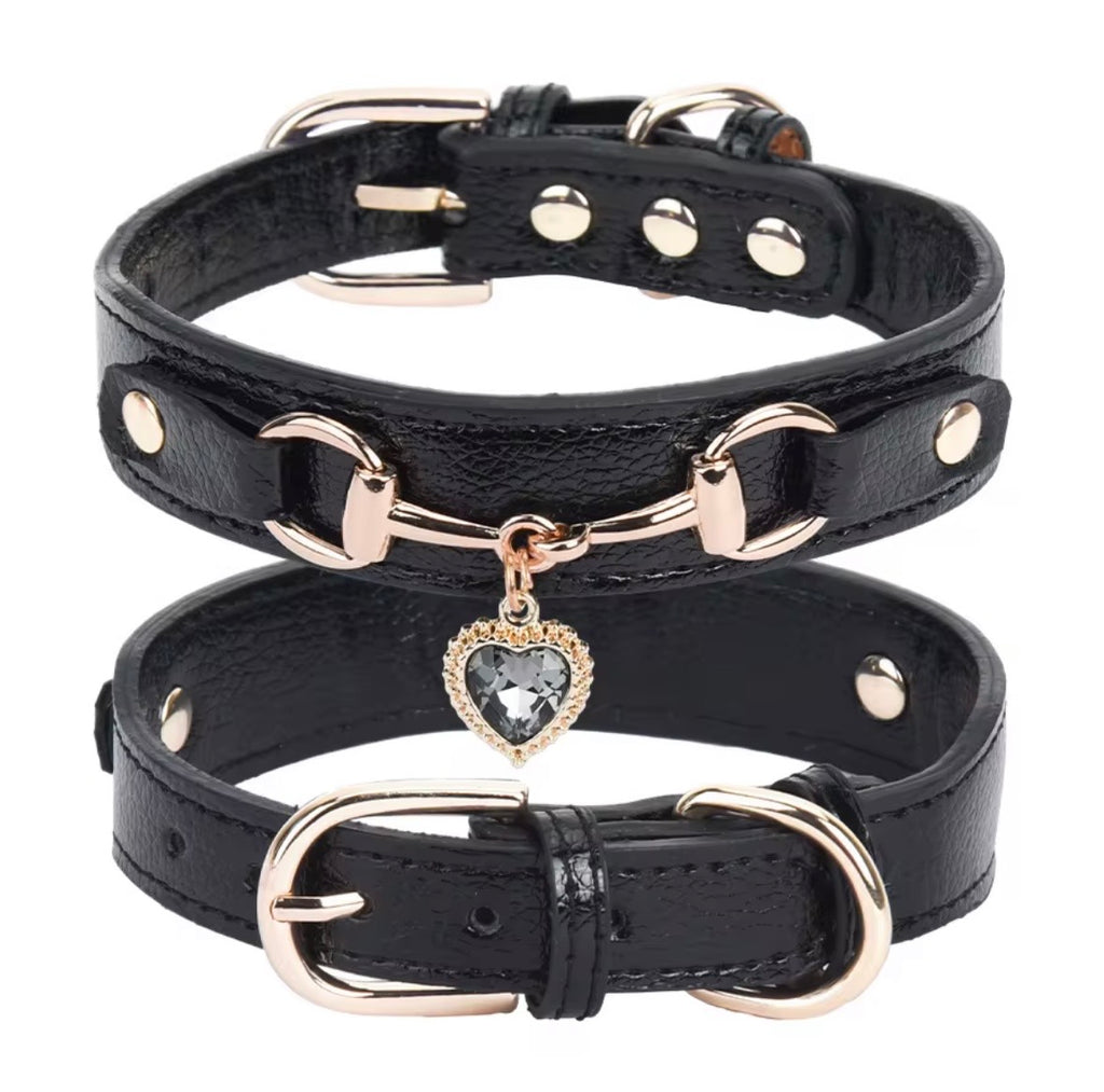 Temu Pu Leather Heart Pendant Pet Collars available in pink, black, and blue