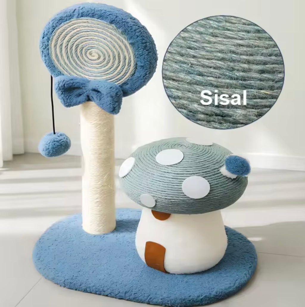 whimsical blue mushroom-themed cat scratching post made with natural sisal rope and soft flannel.