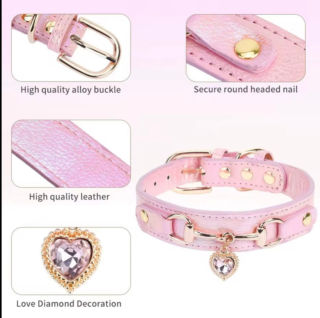 Temu Pu Leather Heart Pendant Pet Collars available in pink, black, and blue