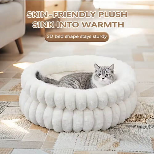 a white corduroy Bedsure ComfyFleece cat bed