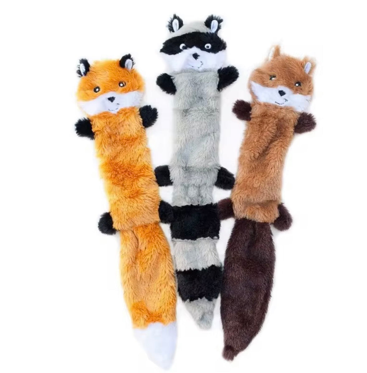 ZippyPaws Skinny Peltz 3-pack large, unstuffed squeaky dog toy featuring a fox, raccoon, and squirre
