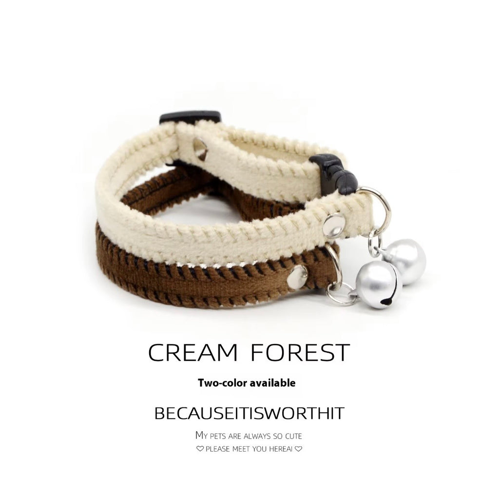 KASTWAVE brown and white velvet breakaway cat collar featuring two jingle bells