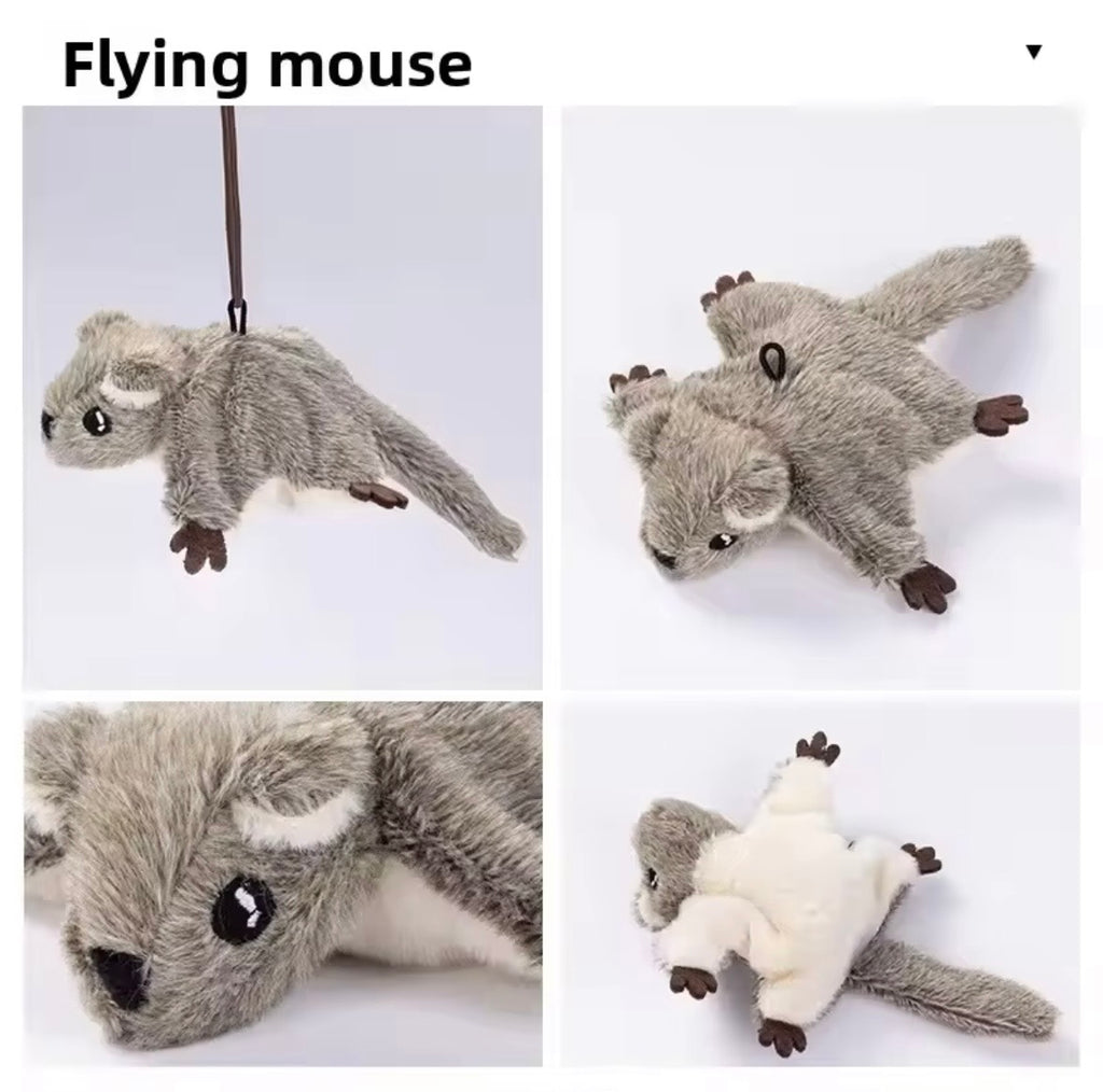 This is a plush flying squirrel cat toy with gray fur.