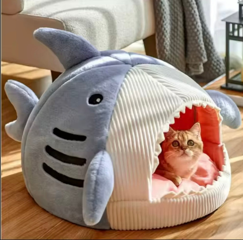 shark-shaped soft plush pet cave bed designed for small pets.