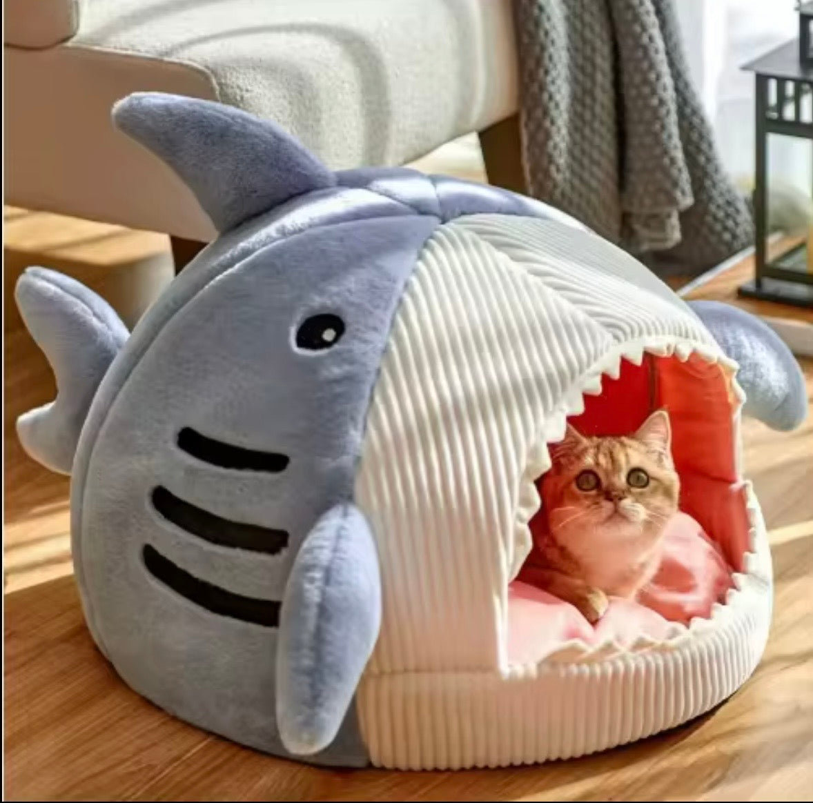 shark-shaped soft plush pet cave bed designed for small pets.