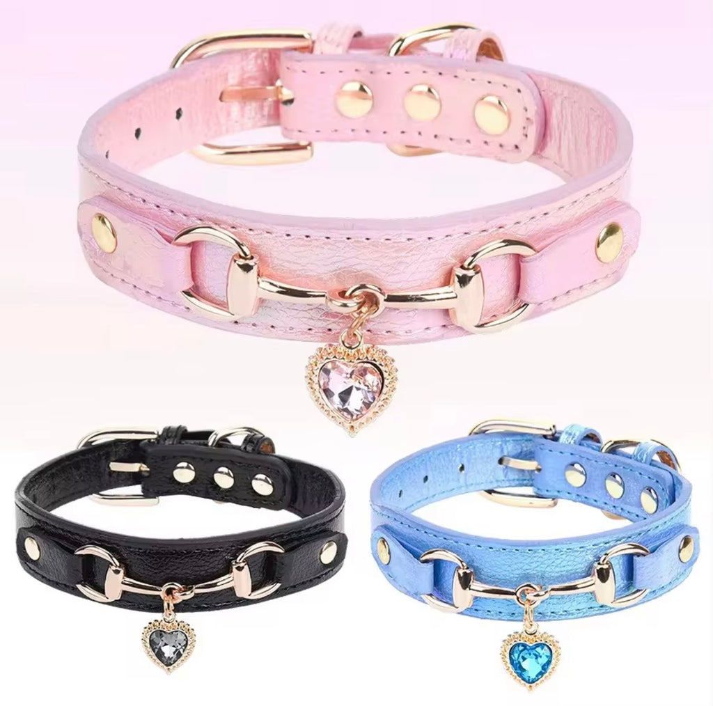 Temu Pu Leather Heart Pendant Pet Collars available in pink, black, and blue