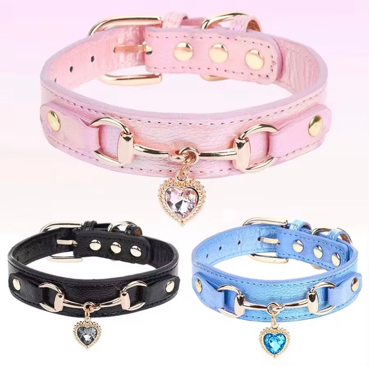 Temu Pu Leather Heart Pendant Pet Collars available in pink, black, and blue