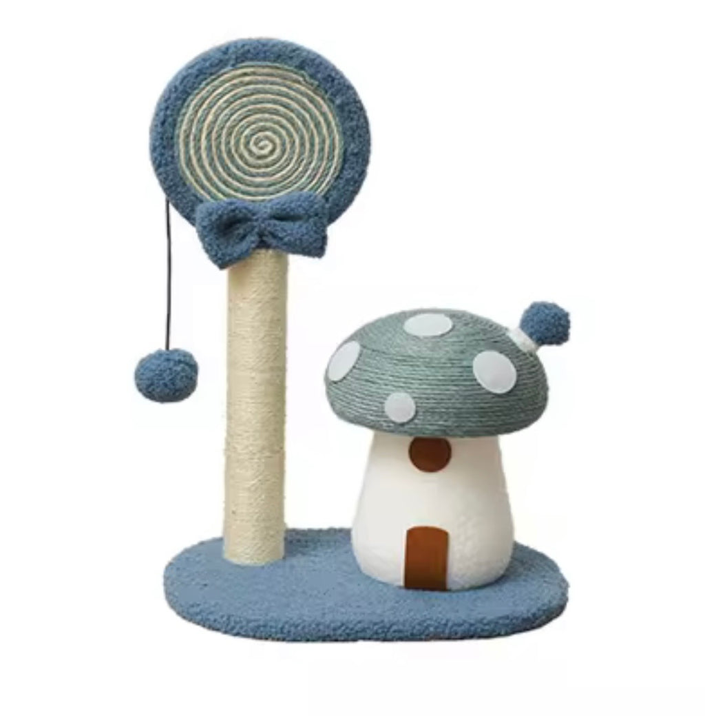 whimsical blue mushroom-themed cat scratching post made with natural sisal rope and soft flannel.