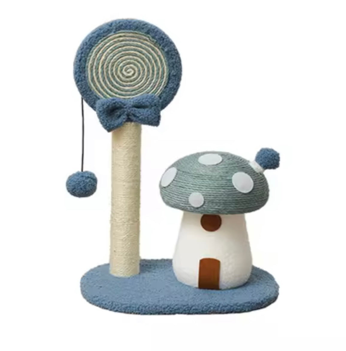 whimsical blue mushroom-themed cat scratching post made with natural sisal rope and soft flannel.