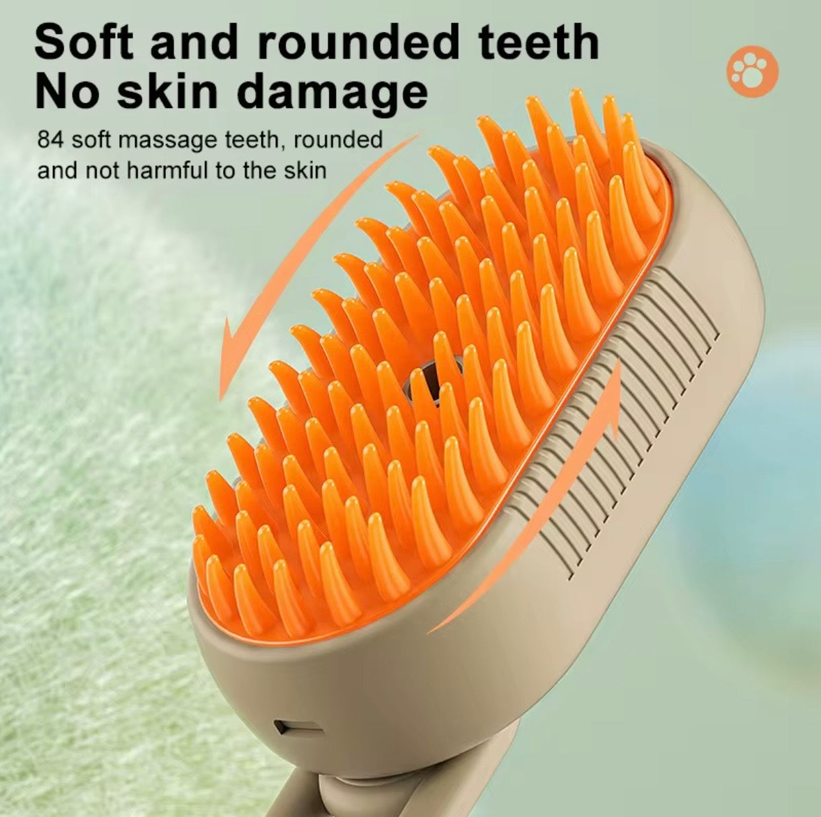 3-in-1 electric steamy pet grooming brush, featuring a rechargeable design with a khaki handle and orange silicone bristles.