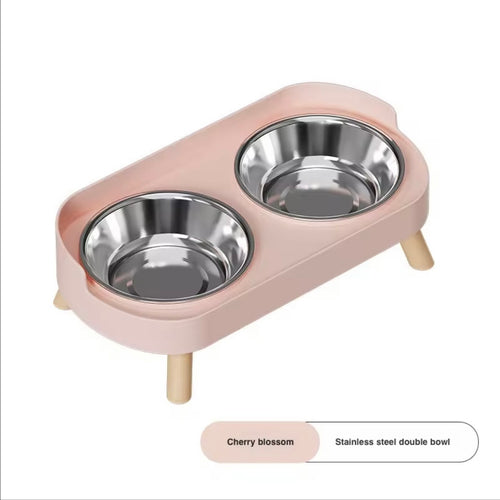 beige and wooden elevated pet double diner with removable stainless steel bowls.