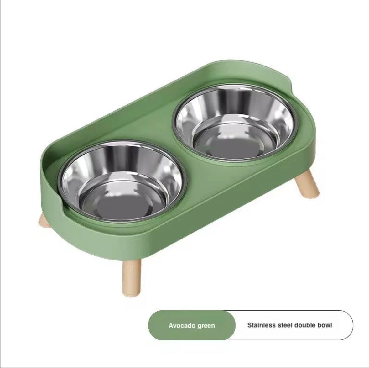 beige and wooden elevated pet double diner with removable stainless steel bowls.