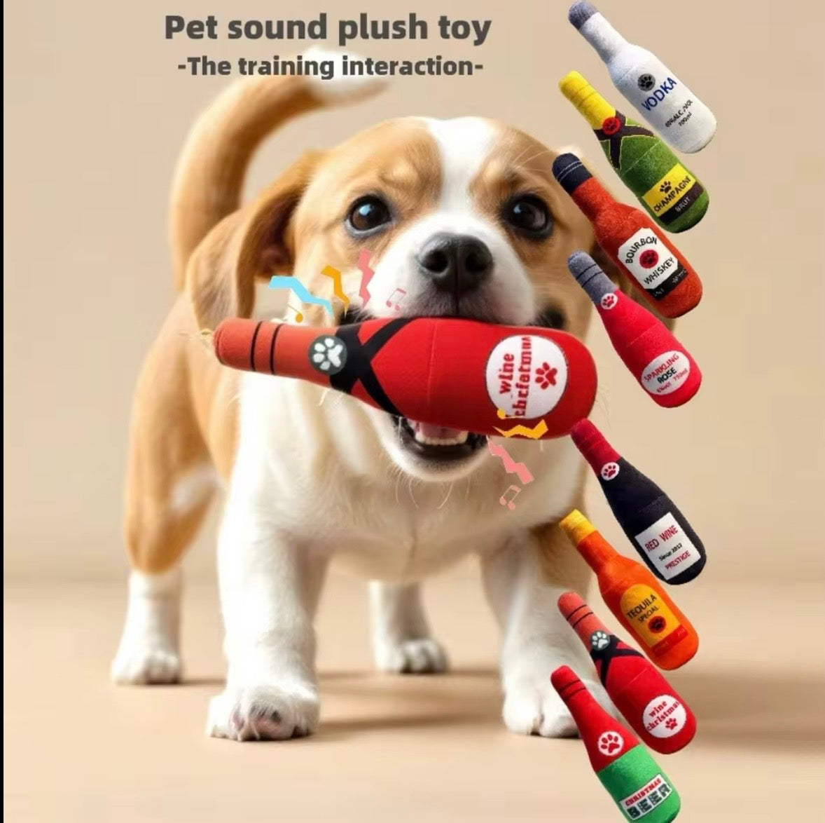plush, squeaky bottle-shaped toys designed for dogs and cats, featuring various liquor and wine brand parodies.
