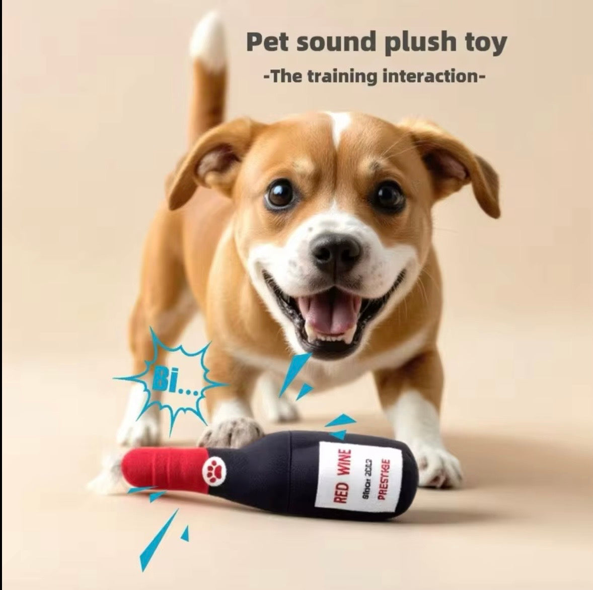 plush, squeaky bottle-shaped toys designed for dogs and cats, featuring various liquor and wine brand parodies.