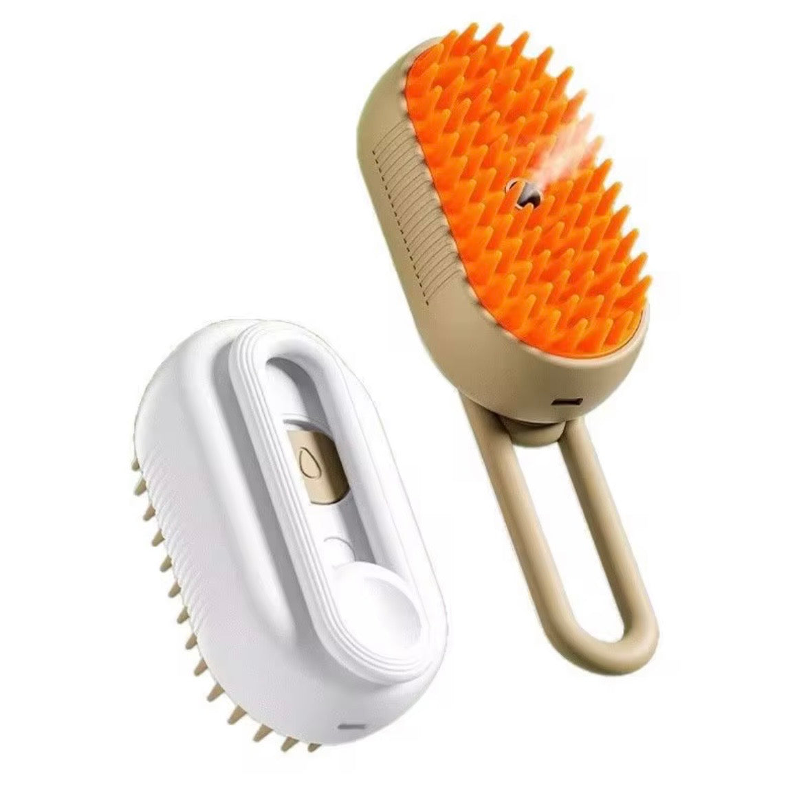 3-in-1 electric steamy pet grooming brush, featuring a rechargeable design with a khaki handle and orange silicone bristles.