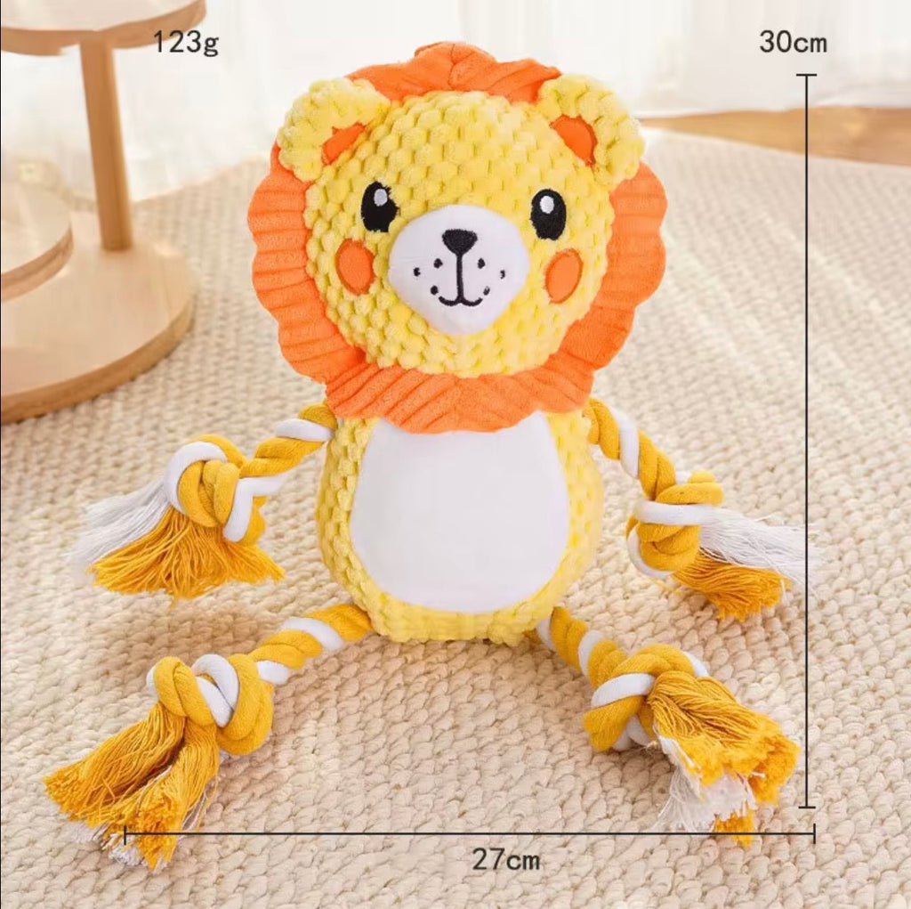 These are plush and rope cartoon animal squeaky toys for pets