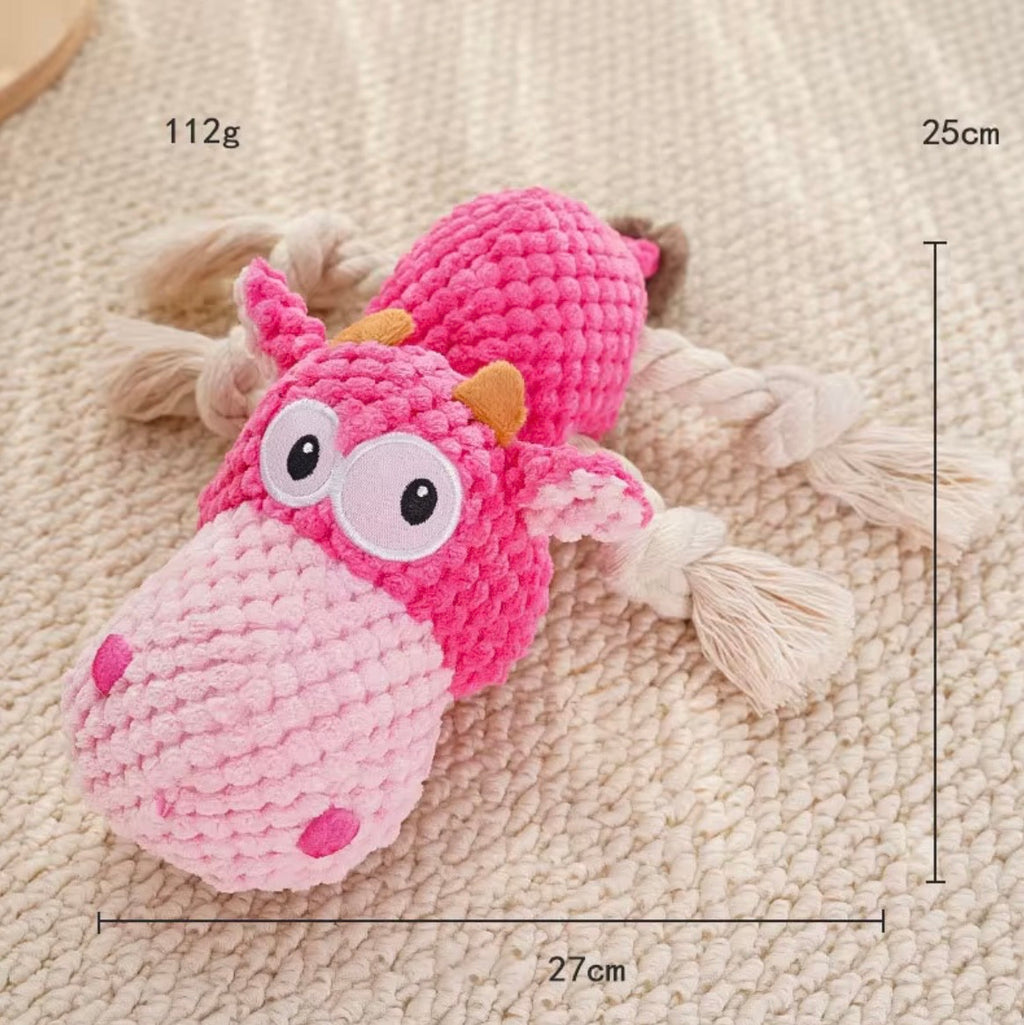 These are plush and rope cartoon animal squeaky toys for pets