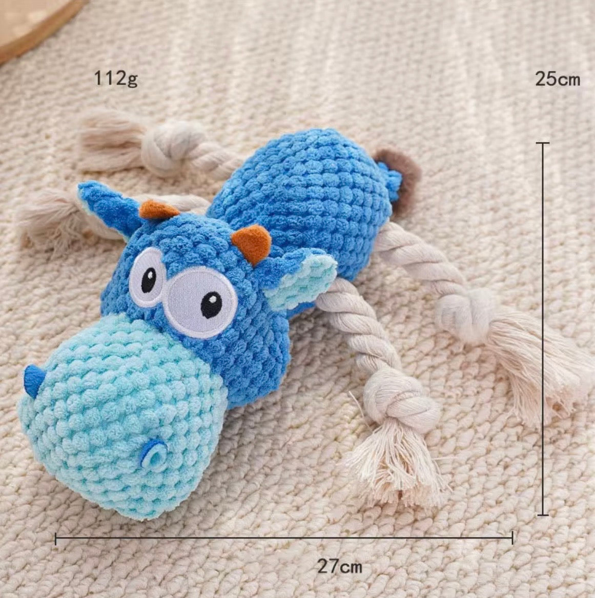 These are plush and rope cartoon animal squeaky toys for pets