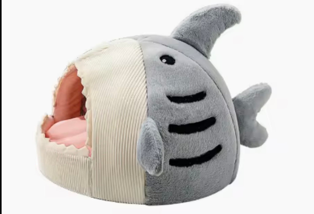 shark-shaped soft plush pet cave bed designed for small pets.