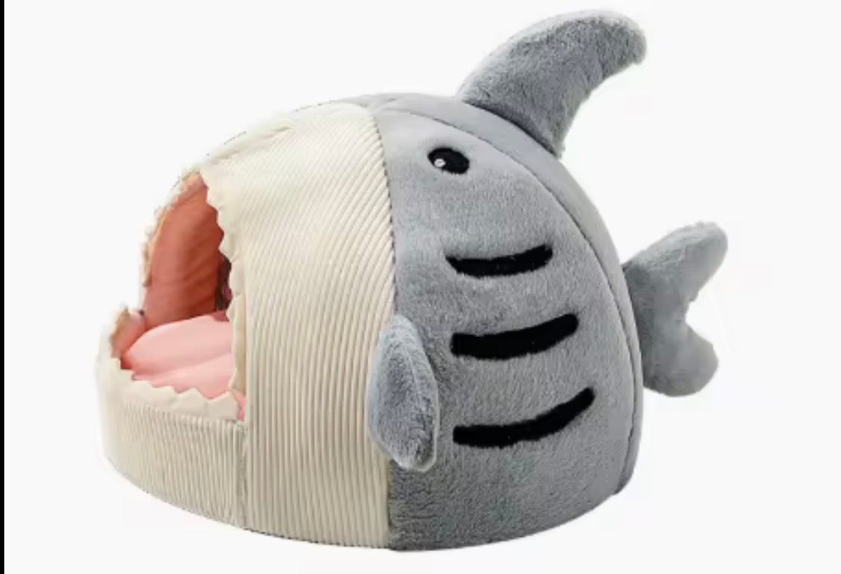 shark-shaped soft plush pet cave bed designed for small pets.