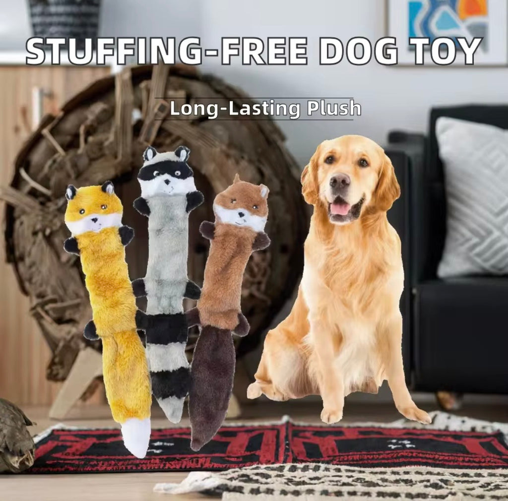 ZippyPaws Skinny Peltz 3-pack large, unstuffed squeaky dog toy featuring a fox, raccoon, and squirre