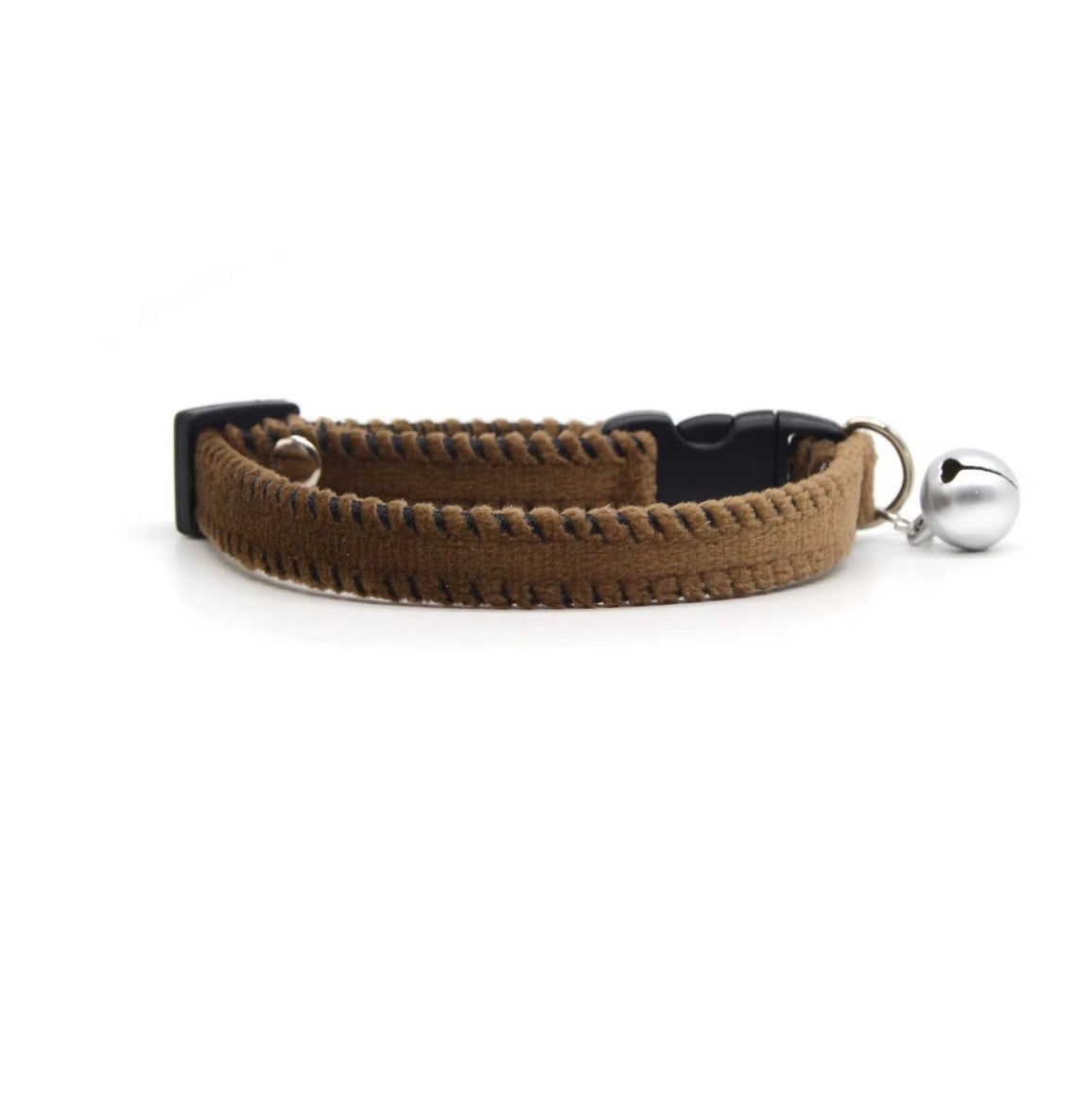 KASTWAVE brown and white velvet breakaway cat collar featuring two jingle bells