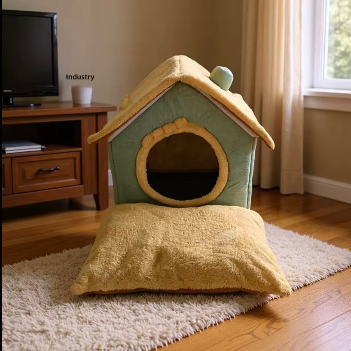 enclosed AoMige cat house and dog bed with a removable, washable cushion for pets