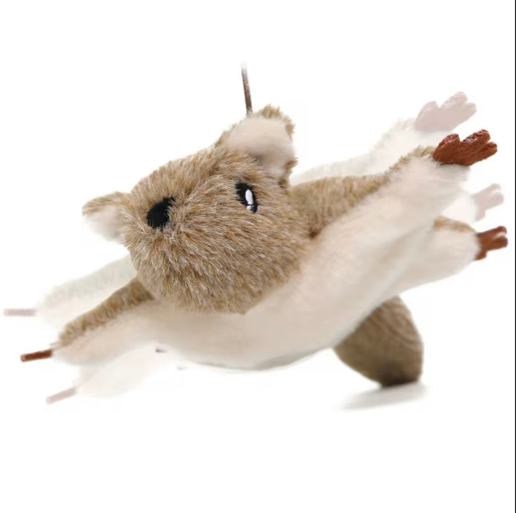 This is a plush flying squirrel cat toy with gray fur.