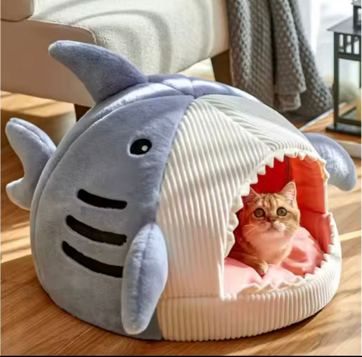 shark-shaped soft plush pet cave bed designed for small pets.