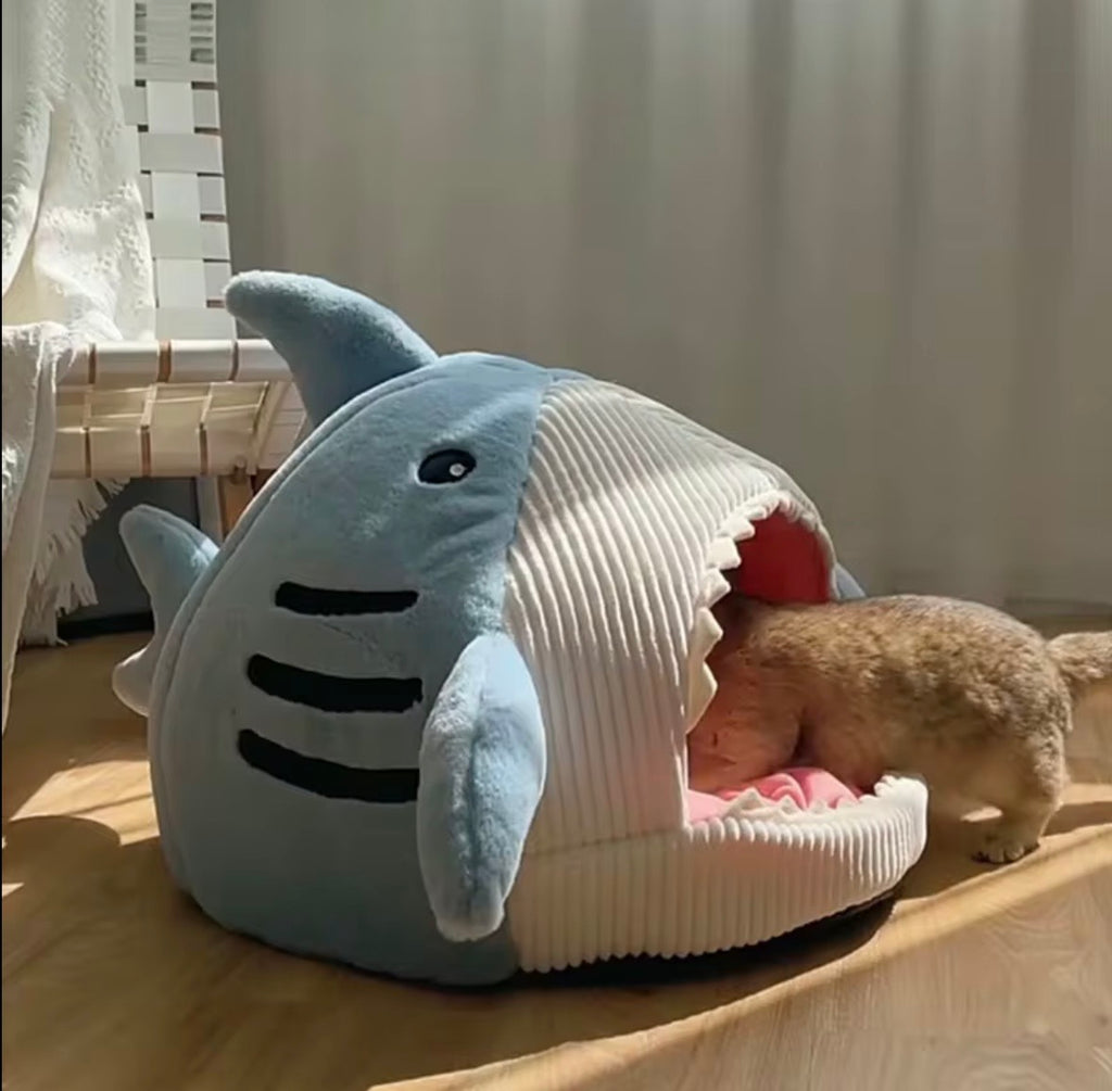 shark-shaped soft plush pet cave bed designed for small pets.