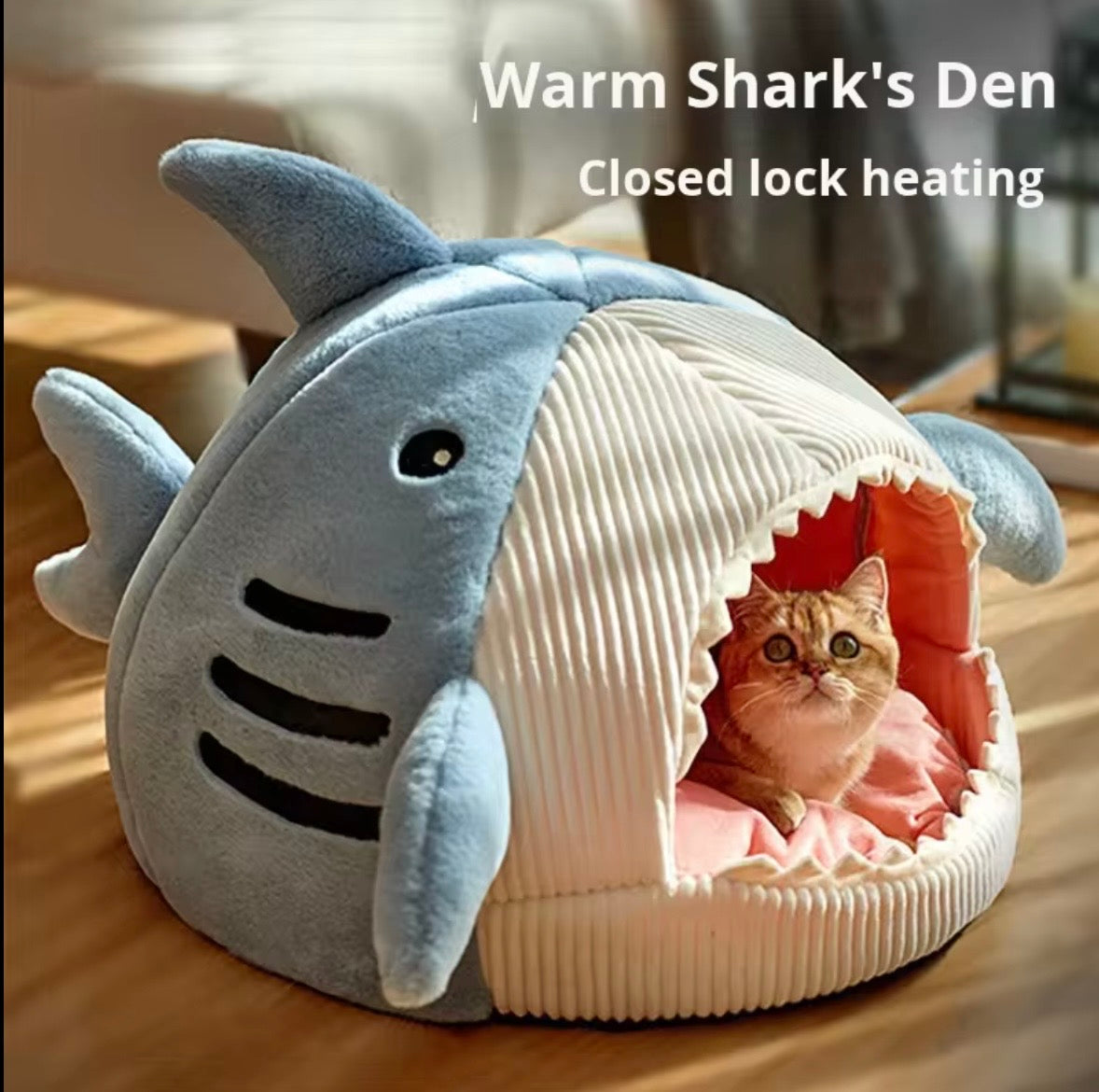 shark-shaped soft plush pet cave bed designed for small pets.