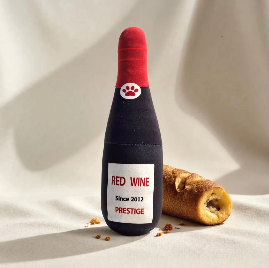 plush, squeaky bottle-shaped toys designed for dogs and cats, featuring various liquor and wine brand parodies.