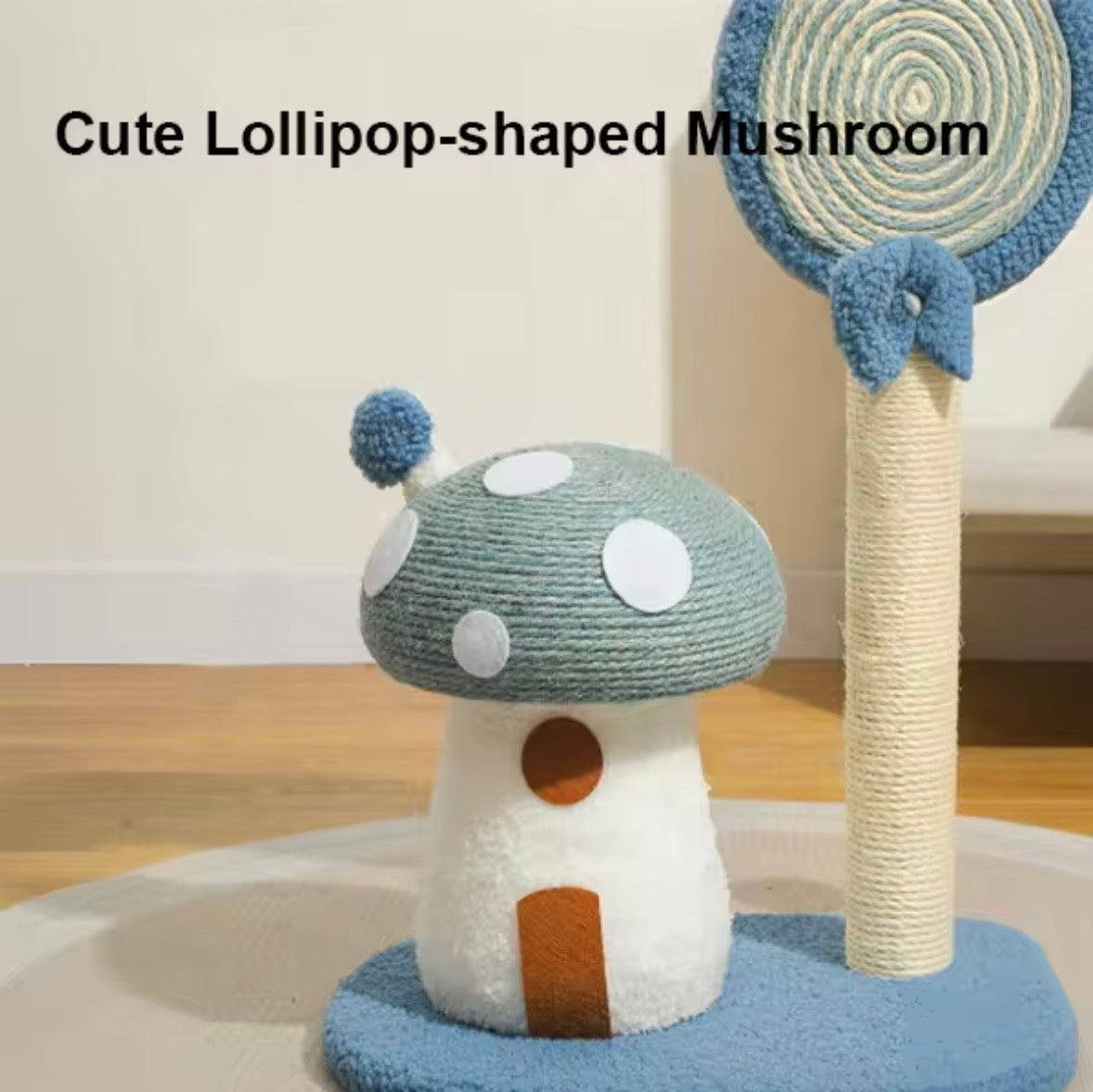 whimsical blue mushroom-themed cat scratching post made with natural sisal rope and soft flannel.
