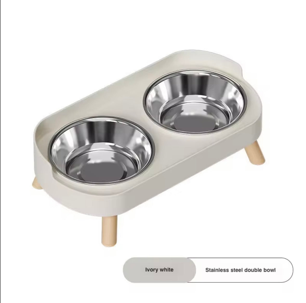 beige and wooden elevated pet double diner with removable stainless steel bowls.