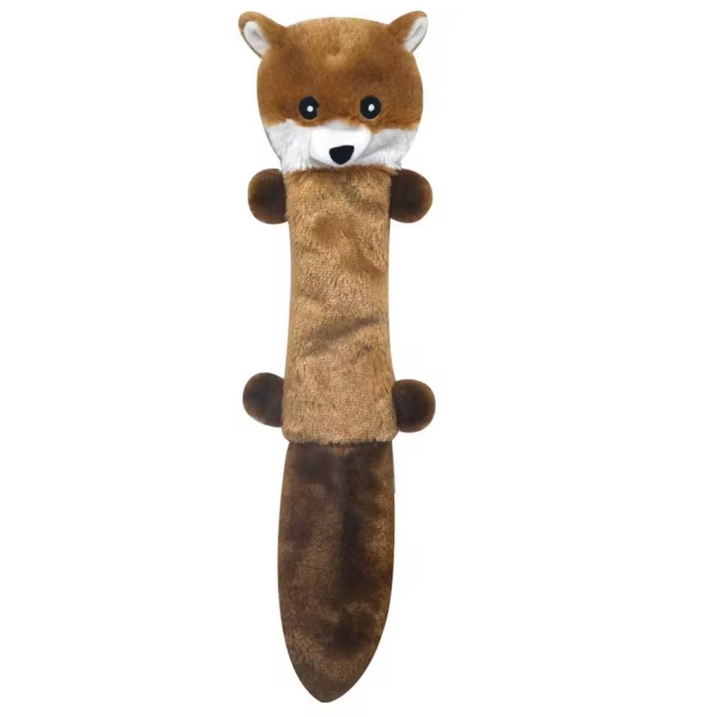 ZippyPaws Skinny Peltz 3-pack large, unstuffed squeaky dog toy featuring a fox, raccoon, and squirre
