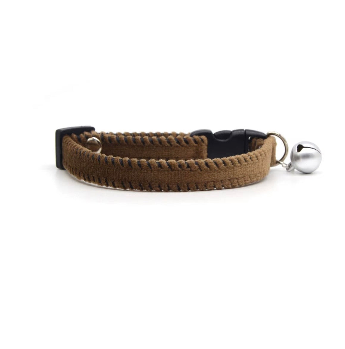 KASTWAVE brown and white velvet breakaway cat collar featuring two jingle bells