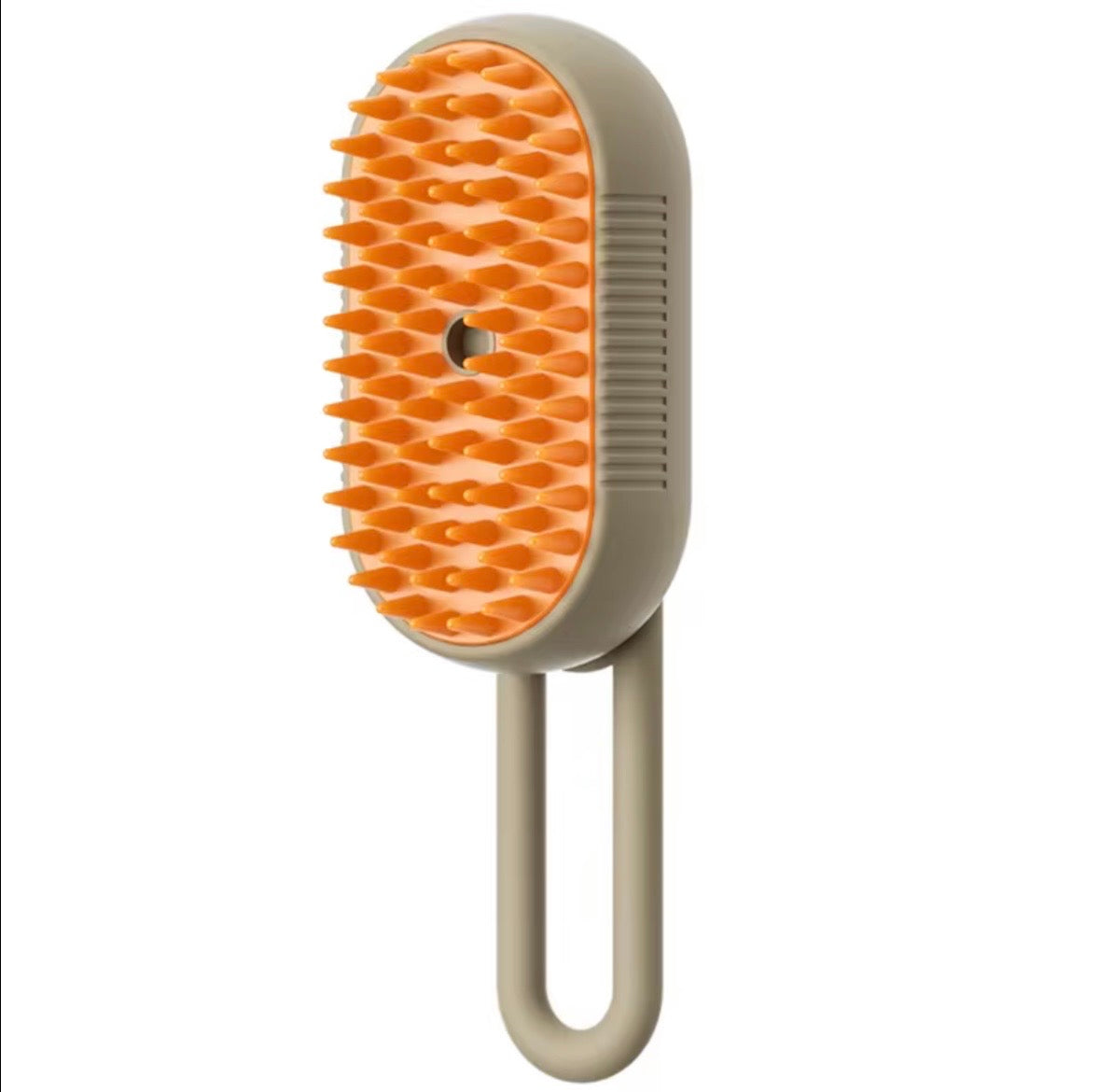 3-in-1 electric steamy pet grooming brush, featuring a rechargeable design with a khaki handle and orange silicone bristles.