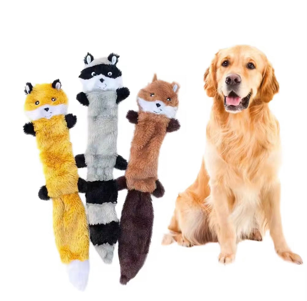 ZippyPaws Skinny Peltz 3-pack large, unstuffed squeaky dog toy featuring a fox, raccoon, and squirre