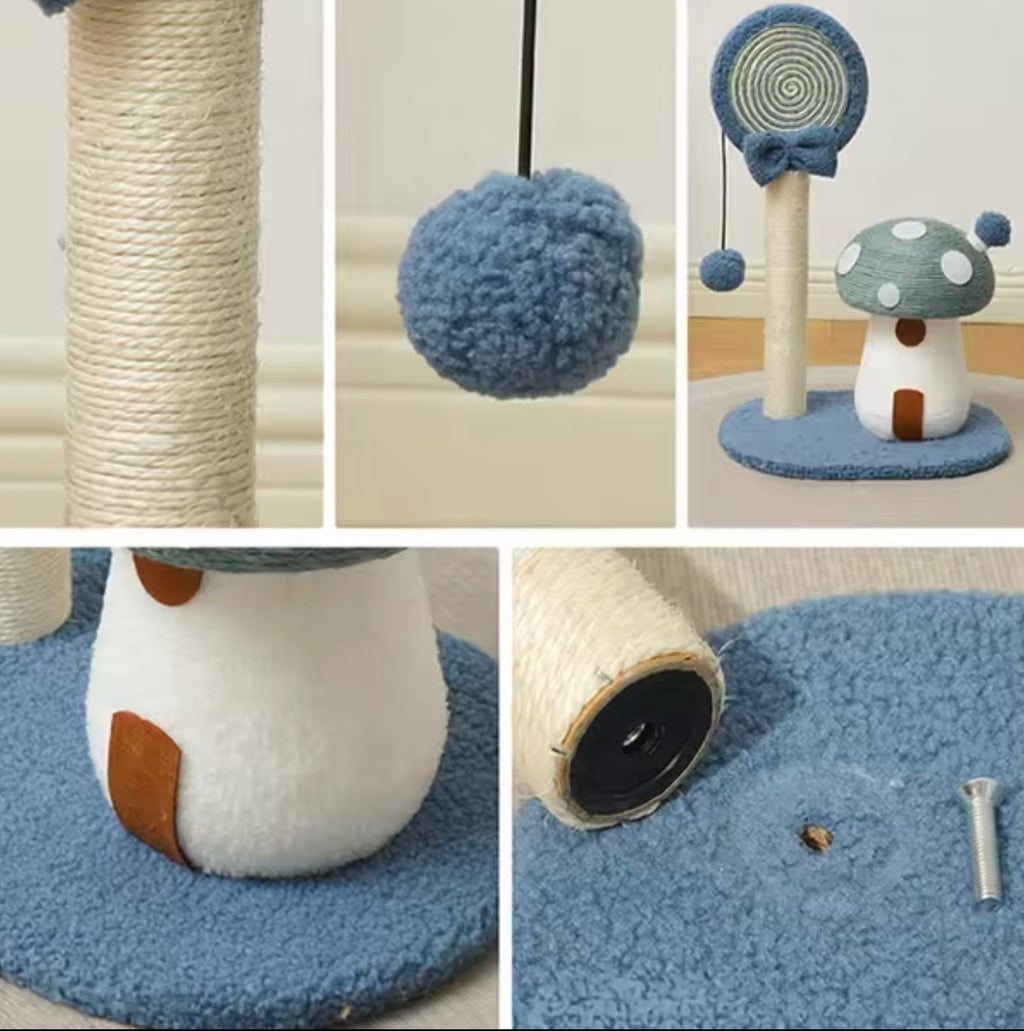 whimsical blue mushroom-themed cat scratching post made with natural sisal rope and soft flannel.