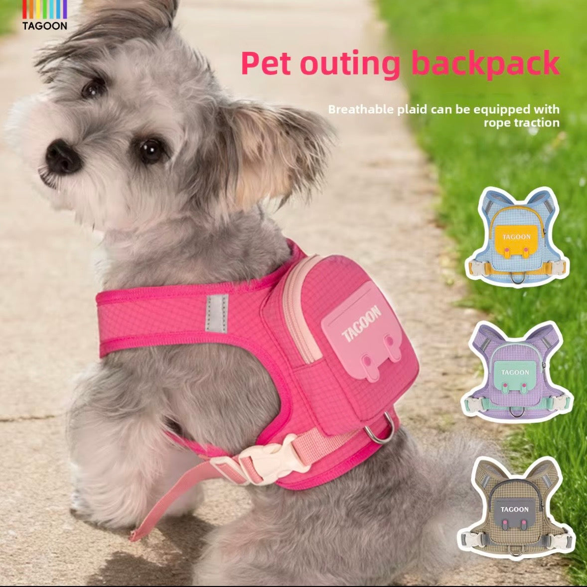 Tagoon branded pink dog harness featuring an integrated mini backpack for small pets