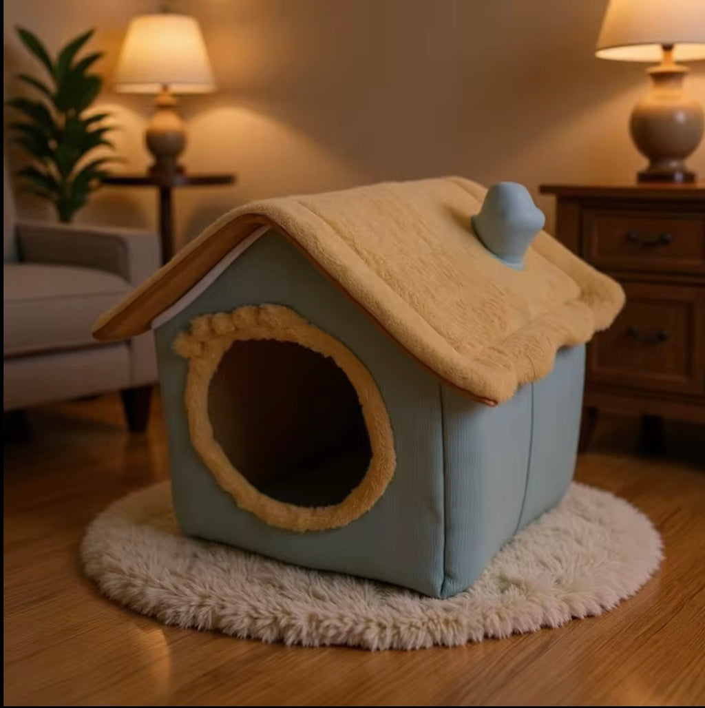 enclosed AoMige cat house and dog bed with a removable, washable cushion for pets
