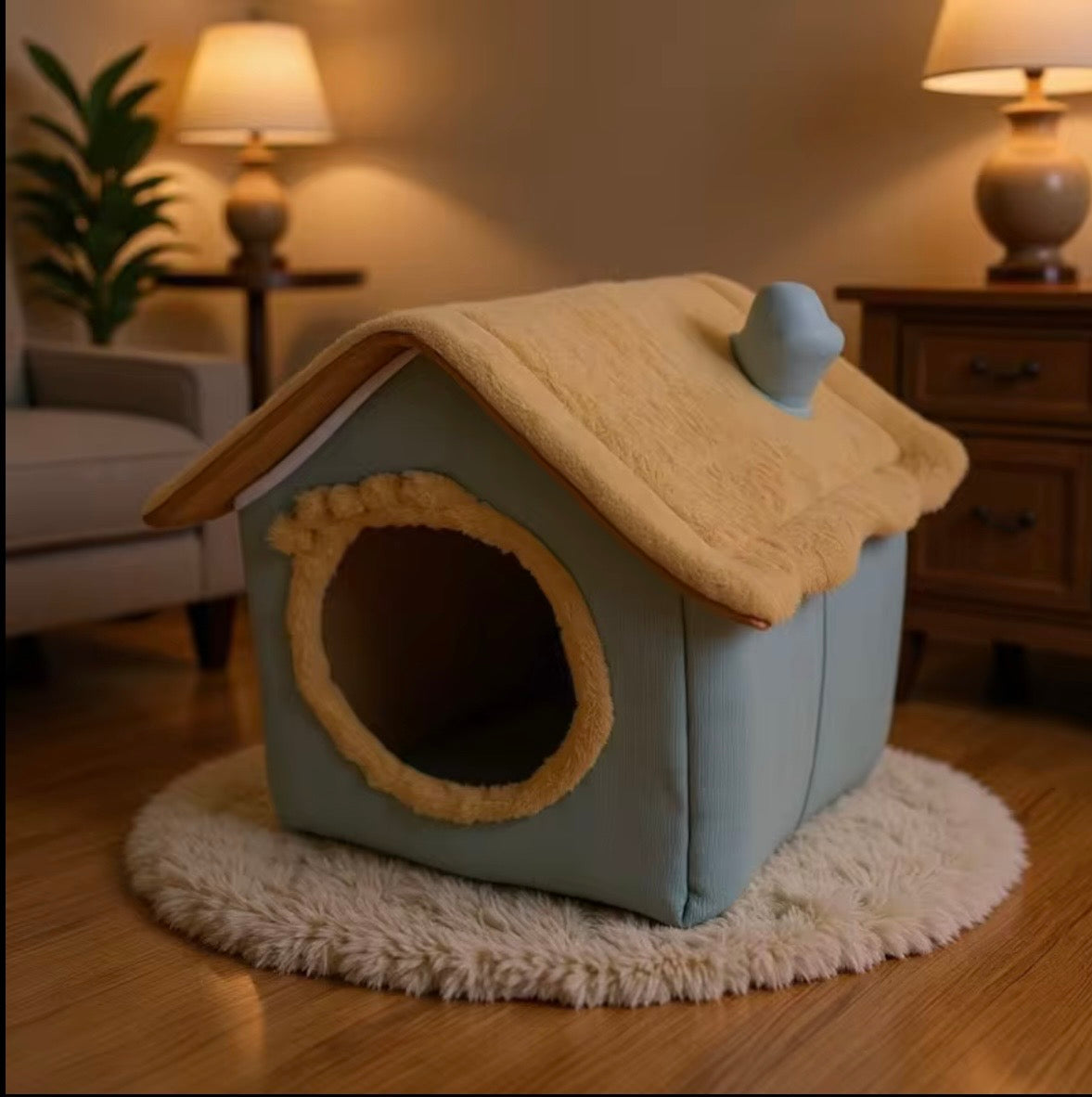 enclosed AoMige cat house and dog bed with a removable, washable cushion for pets