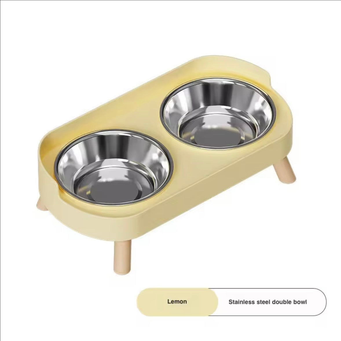 beige and wooden elevated pet double diner with removable stainless steel bowls.