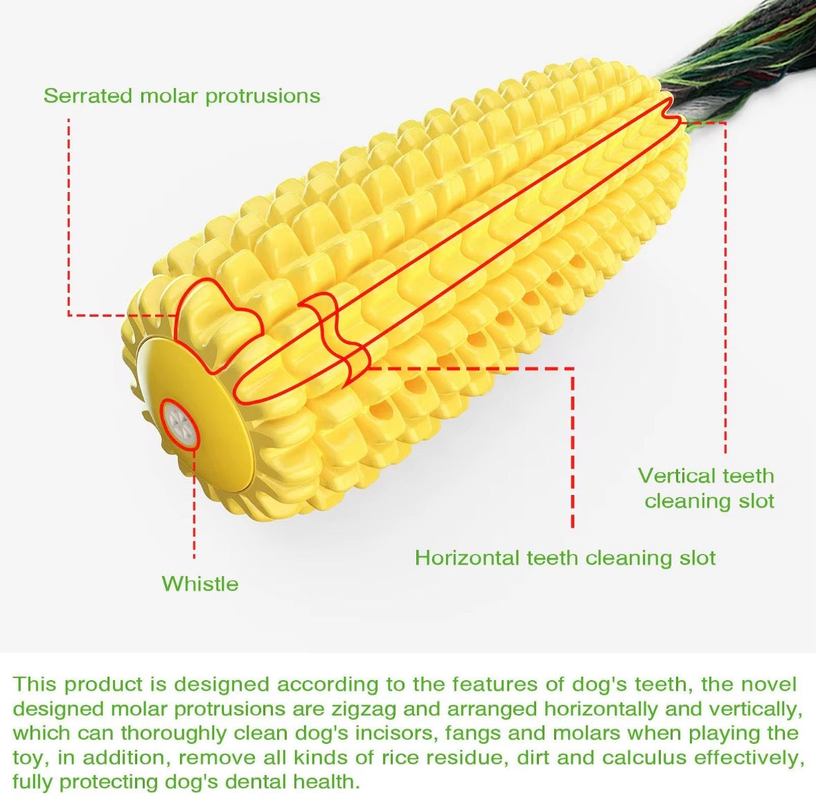yellow, textured corn cob dog chew toy designed for dental cleaning